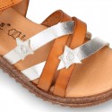 TAN leather girl sandals with hook and loop strap closure and gel insole.