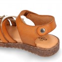 TAN leather girl sandals with hook and loop strap closure and gel insole.