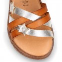 TAN leather girl sandals with hook and loop strap closure and gel insole.