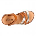 TAN leather girl sandals with hook and loop strap closure and gel insole.