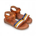 TAN leather girl sandals with straps design with hook and loop strap closure and gel insole.