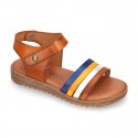 TAN leather girl sandals with straps design with hook and loop strap closure and gel insole.