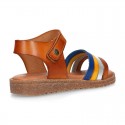 TAN leather girl sandals with straps design with hook and loop strap closure and gel insole.