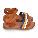 TAN leather girl sandals with straps design with hook and loop strap closure and gel insole.