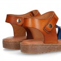 TAN leather girl sandals with straps design with hook and loop strap closure and gel insole.