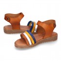 TAN leather girl sandals with straps design with hook and loop strap closure and gel insole.