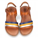 TAN leather girl sandals with straps design with hook and loop strap closure and gel insole.