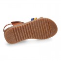 TAN leather girl sandals with straps design with hook and loop strap closure and gel insole.