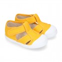 Organic Cotton canvas Kids Sandal shoes with hook and loop strap closure and toe cap.