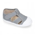 Organic Cotton canvas Kids Sandal shoes with hook and loop strap closure and toe cap.