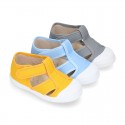 Organic Cotton canvas Kids Sandal shoes with hook and loop strap closure and toe cap.