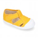 Organic Cotton canvas Kids Sandal shoes with hook and loop strap closure and toe cap.