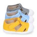 Organic Cotton canvas Kids Sandal shoes with hook and loop strap closure and toe cap.