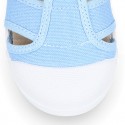 Organic Cotton canvas Kids Sandal shoes with hook and loop strap closure and toe cap.