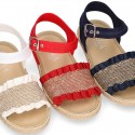 Girl SANDAL shoes espadrille style in linen canvas with elastic design.