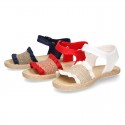 Girl SANDAL shoes espadrille style in linen canvas with elastic design.