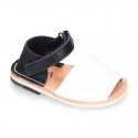 Combined leather Kids Menorquina sandals with counter and hook and loop strap.