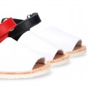 Combined leather Kids Menorquina sandals with counter and hook and loop strap.