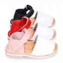 Combined leather Kids Menorquina sandals with counter and hook and loop strap.