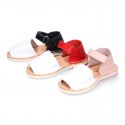 Combined leather Kids Menorquina sandals with counter and hook and loop strap.