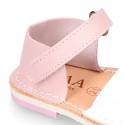 Combined leather Kids Menorquina sandals with counter and hook and loop strap.