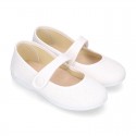 Little Mary Jane shoes with hook and loop strap and button in SHINY canvas.
