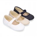 Little Mary Jane shoes with hook and loop strap and button in SHINY canvas.