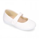 Little Mary Jane shoes with hook and loop strap and button in SHINY canvas.