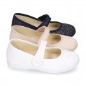 Little Mary Jane shoes with hook and loop strap and button in SHINY canvas.