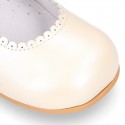 Classic Little Girl Mary Janes with hook and loop strap with FLOWER in pearl nappa leather.