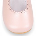 Classic Little Girl Mary Janes with hook and loop strap with FLOWER in pearl nappa leather.