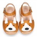 Little FOX design soft leather Menorquina sandals with hook and loop strap.