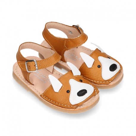 Little FOX design soft leather Menorquina sandals with hook and loop strap.