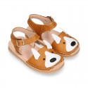 Little FOX design soft leather Menorquina sandals with hook and loop strap.