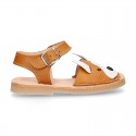 Little FOX design soft leather Menorquina sandals with hook and loop strap.