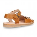 Little FOX design soft leather Menorquina sandals with hook and loop strap.