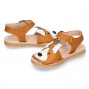 Little FOX design soft leather Menorquina sandals with hook and loop strap.