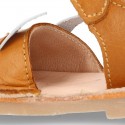 Little FOX design soft leather Menorquina sandals with hook and loop strap.