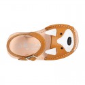 Little FOX design soft leather Menorquina sandals with hook and loop strap.