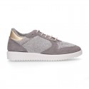 Knit cotton canvas Girl sneaker shoes combined with suede leather with ties closure.