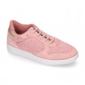 Knit cotton canvas Girl sneaker shoes combined with suede leather with ties closure.