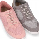 Knit cotton canvas Girl sneaker shoes combined with suede leather with ties closure.