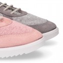 Knit cotton canvas Girl sneaker shoes combined with suede leather with ties closure.