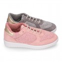 Knit cotton canvas Girl sneaker shoes combined with suede leather with ties closure.