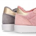 Knit cotton canvas Girl sneaker shoes combined with suede leather with ties closure.