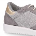 Knit cotton canvas Girl sneaker shoes combined with suede leather with ties closure.