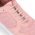 Knit cotton canvas Girl sneaker shoes combined with suede leather with ties closure.