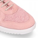 Knit cotton canvas Girl sneaker shoes combined with suede leather with ties closure.