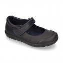 Girls OKAA Mary Jane School shoes with laceless and reinforced toe cap in washable leather.