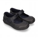 Girls OKAA Mary Jane School shoes with laceless and reinforced toe cap in washable leather.